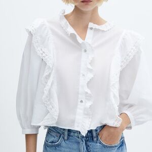 Mango White Lace Long Sleeve Flowy Blouse with Ruffles. Women’s Large
